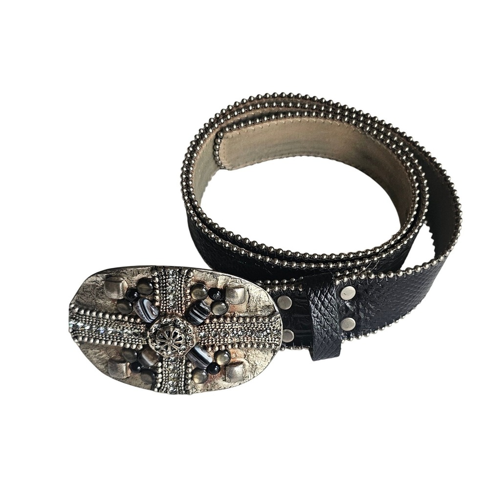 Leatherock Black Leather Studded Belt Ornate Cross Buckle Made in USA Size 34